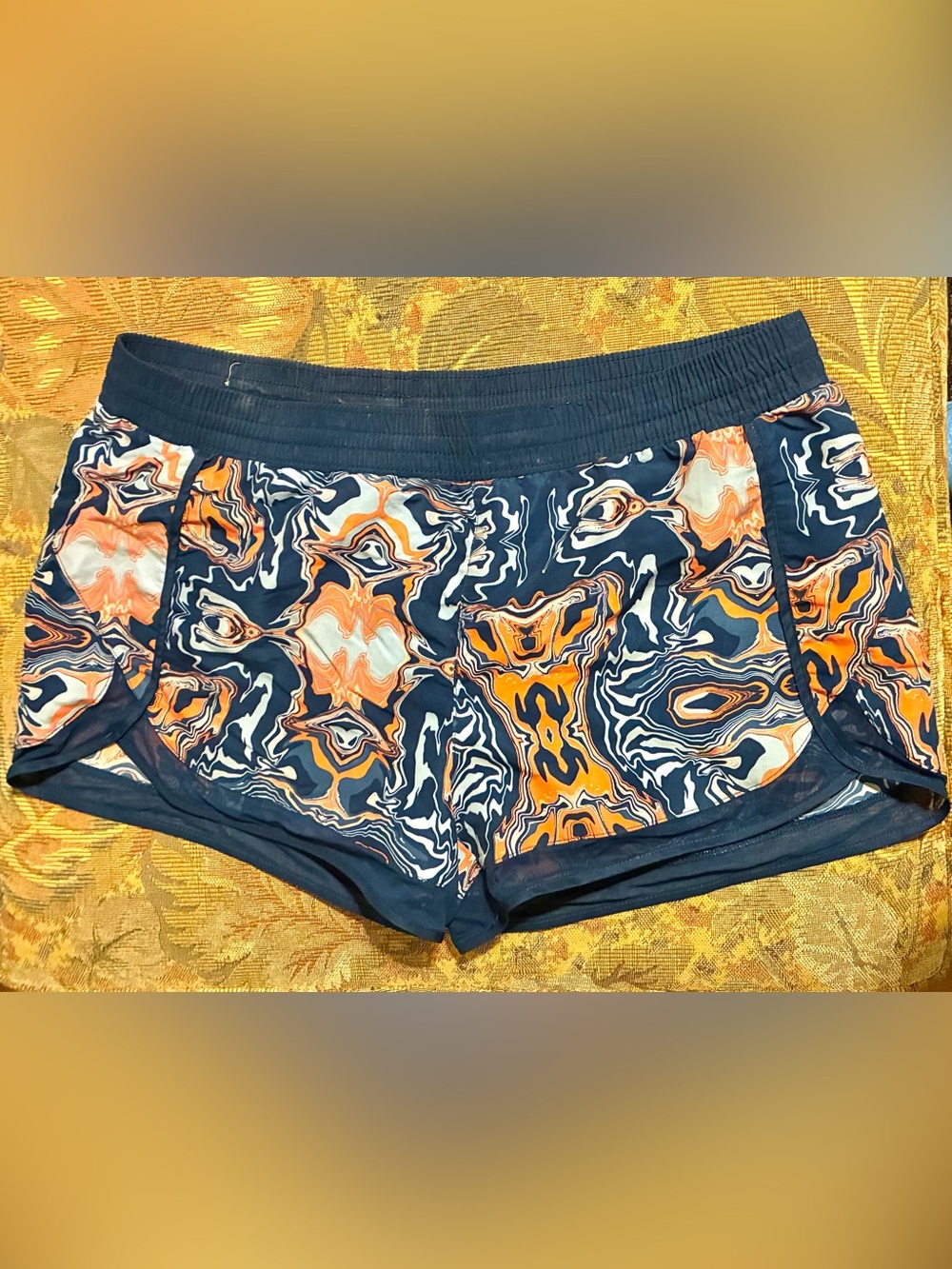 Navy Orange Abstract Print Athletic Crane Shorts, Size XL